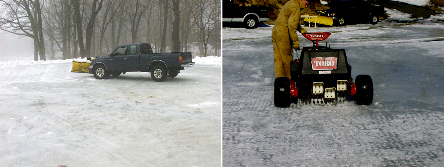 Photo 6. Snow removal (left) to expose ice with removal (left) on annual bluegrass golf greens (photo credit, Peter Hasak).
