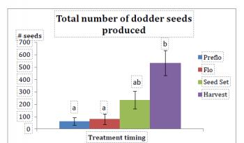 Plots treated at preflowering and flowering timings had significantly less seeds than those treated at seed set or harvest. FC can decreases seed production if done before dodder has made seeds, but does not seem to destroy seeds that are already produced (Ghantous and Sandler, 2009, unpublished data). 