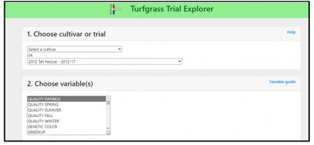 Screenshot of the NTEP Turfgrass Trial Explorer showing the menu for selcting individual cultivars or tests and data variable. 