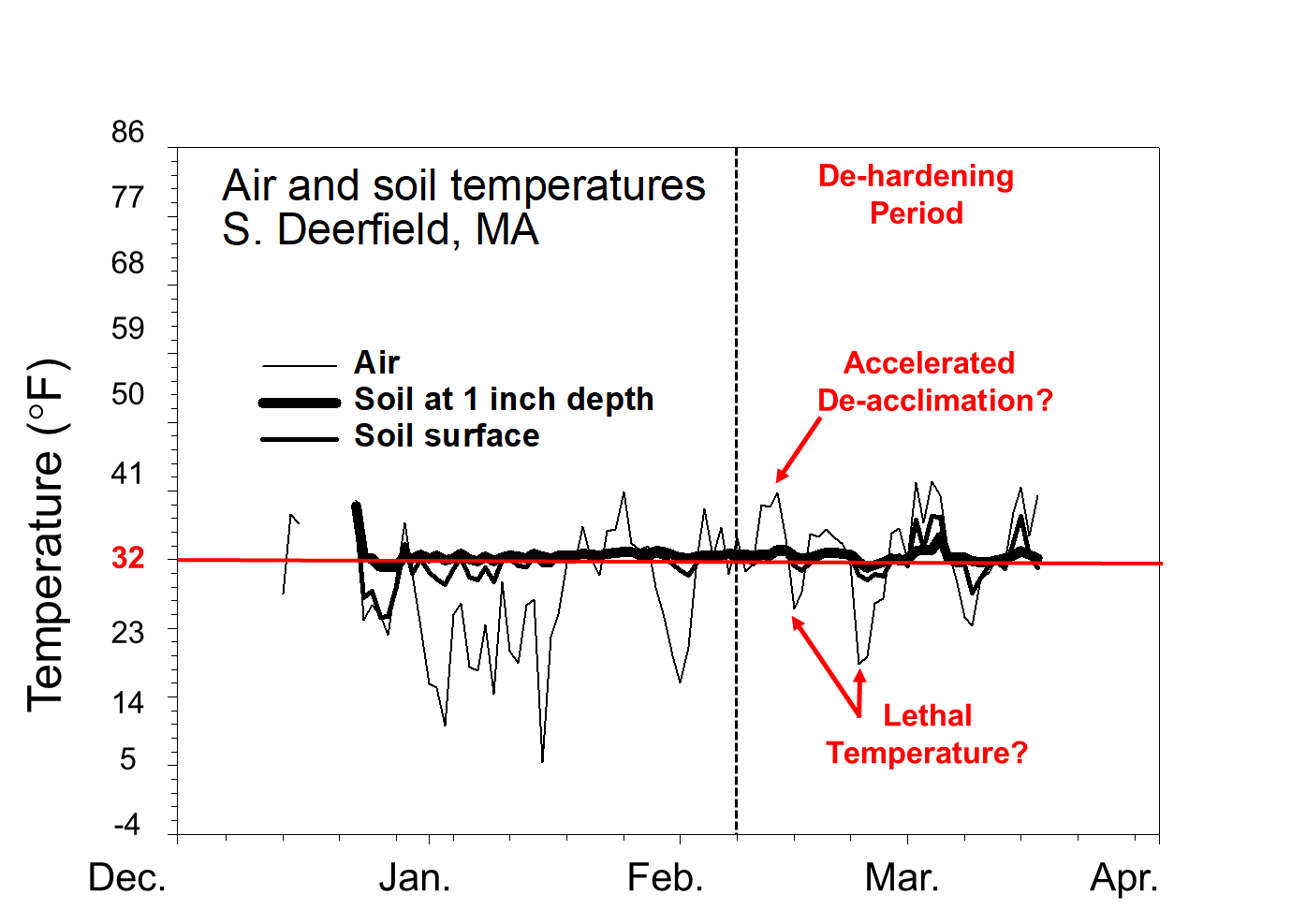 Figure 4. Soil surface temperatures and soil temperatures at 1 inch depth are stable and remain near or at 32 F; which help to prevent deacclimation. Air temperatures are highly variable with temperature extremes sufficient to cuase rapid deacclimation (dehardening) and increase winter-kill to low temperatures.