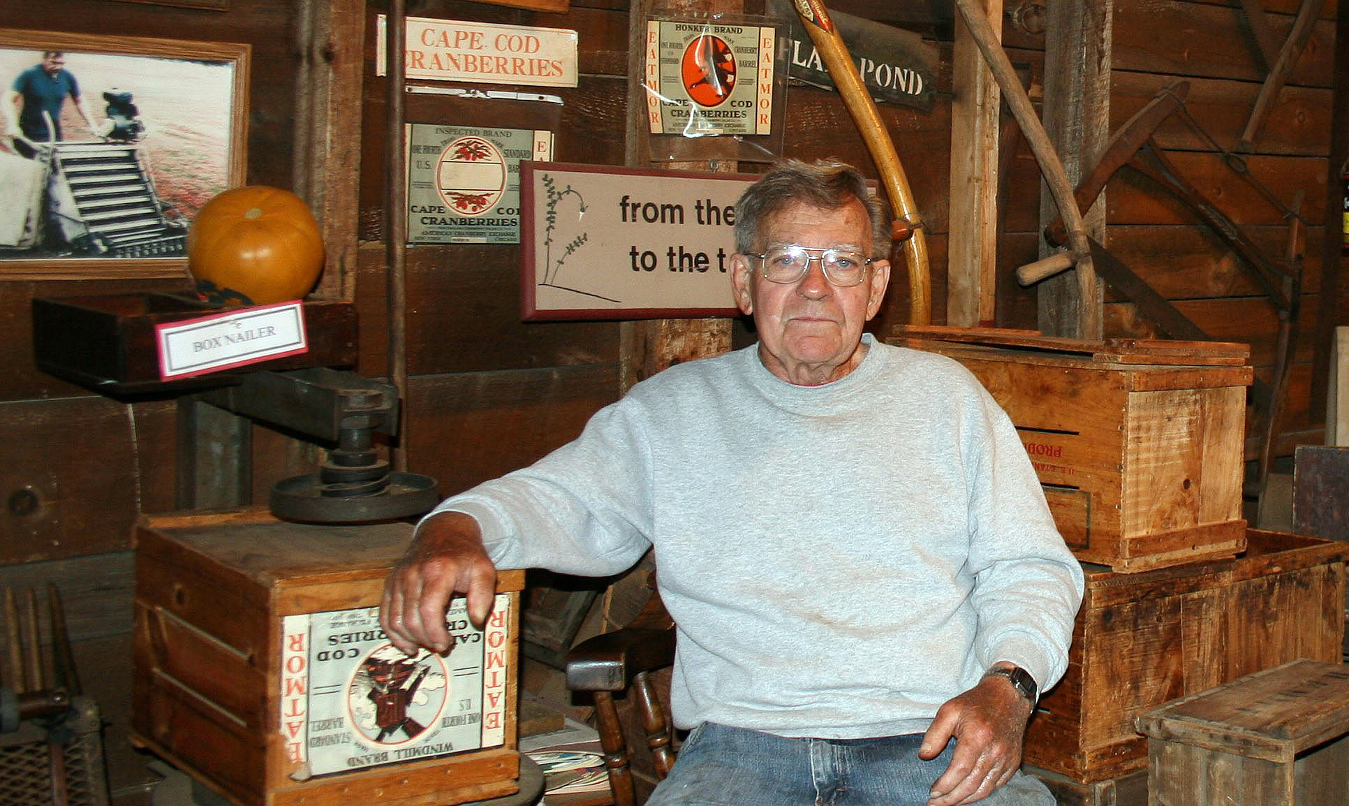 Jack Angley, Flax Pond Farm cranberry grower, in his shop, Carver, Mass