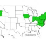 Mile-a-minute distribution map generated by EDDMaps using identification and sighting data confirmed by USDA and other agricultural and environmental scientists.