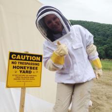 Kristen Michaud dons beekeepers gear for her research on disease transission 