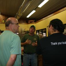 Jim McGovern and Scott Soares meet with farmer Joe Boisvert, North Hadley Sugar Shack