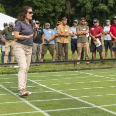 UMass Turf Field Day 2023: Dr. Michelle DaCosta spoke on selecting water efficient bentgrasses.