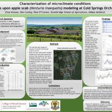 research poster on Characterization of microclimate conditions and effects upon apple scab (Venturia inaequalis) modeling at Cold Springs Orchard (CSO) by Evan Krause