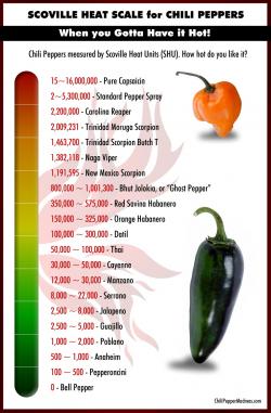Figura 4. Escala de picante de Scoville para variedades selectas de pimientos y productos de pimiento picante. (Chile Pepper Madness, - hyperlink- https://www.chilipeppermadness.com/  