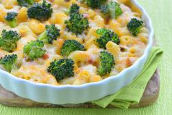 bowl of macaroni and cheese with broccoli