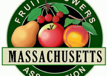 Pear, apple, peach and cherry fruits illustrated over a circular background of black surrounded by green with the text Massachusetts Fruit Growers Association