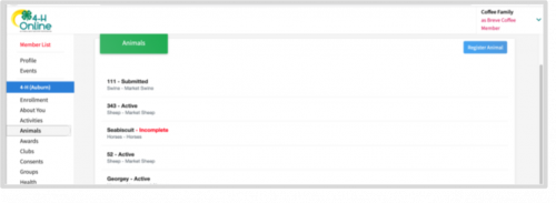 Click on the Animals tab from your account at any time to view the status for all of the animals for a member in the family. 