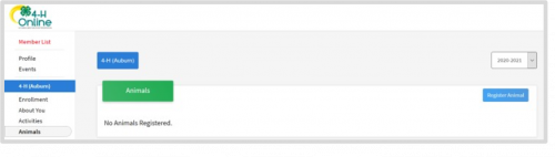 3.Click Animals in the navigation pane.  4.Click the blue Register Animal button. 