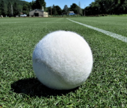 A white tennis ball on a grass court